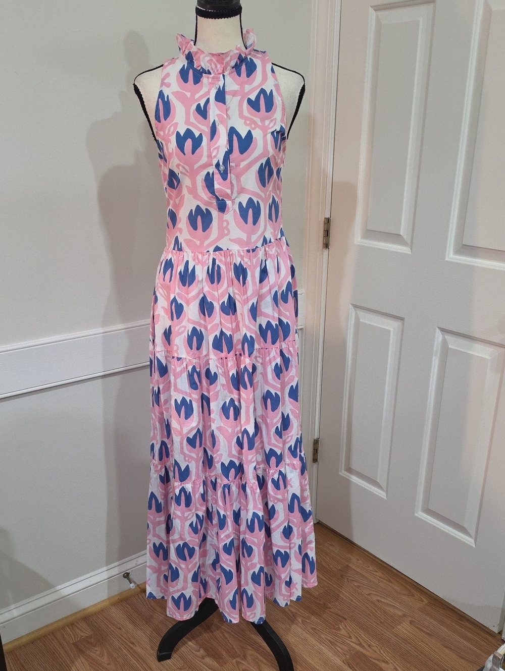 CK Bradley Abstract Floral Halter Midi Dress – Vibrant Pink & Blue (Size S)